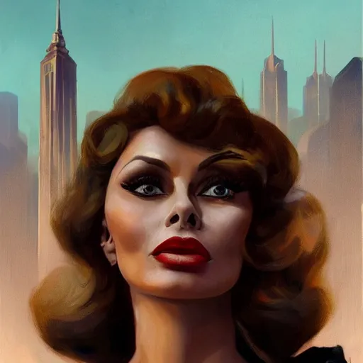 Image similar to closeup portrait of a young sophia loren as a 1 9 2 0 s femme fatale, city background, megacity, high fantasy, dramatic light, gorgeous view, depth, high detail, digital art, painted by greg rutkowski, trending on artstation