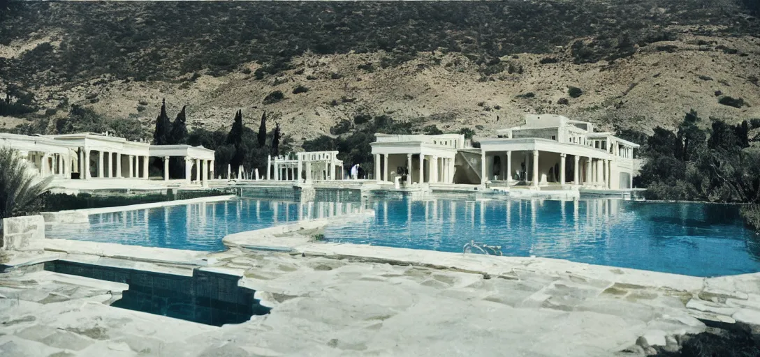 Image similar to greek - inspired marble house designed by ictinus and callicrates in california. photographed in 1 9 7 2. man swimming in pool.