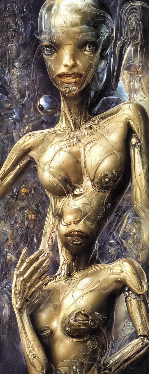 Image similar to a robotic goddess with transparent skin, highly detailed, futuristic, laser lit, digital painting, smooth, sharp, beautiful face, expressive eyes, highly intricate, art by Boris Vallejo and H.R. Giger