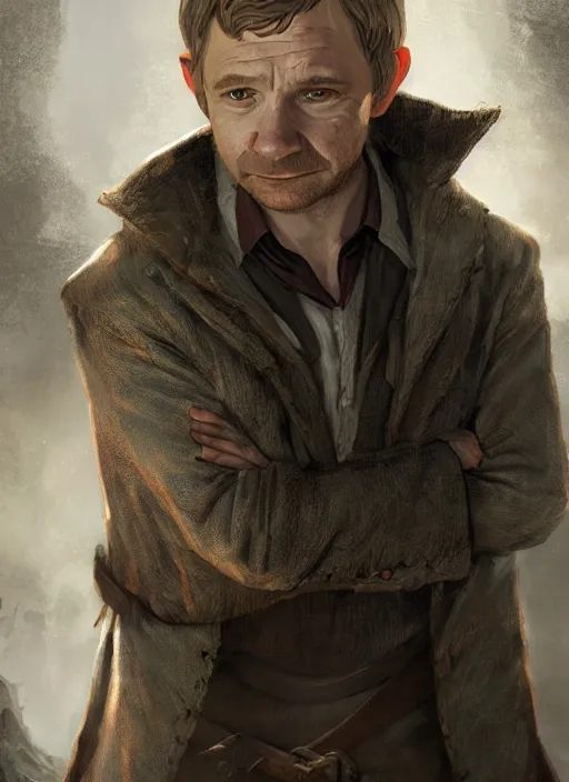 Image similar to A fantasy comic book style portrait painting of Martin Freeman as a hobbit mage in a stunning fantasy fortress, unreal 5, DAZ, hyperrealistic, octane render, RPG portrait, dynamic lighting