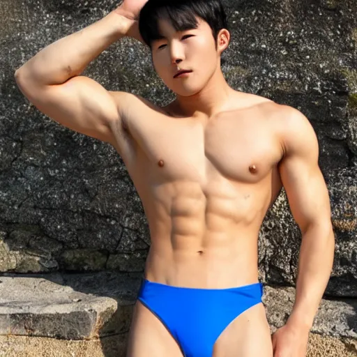 Prompt: korean muscle boy 2 1 years old, posing, small bikini with a well outlined bulge