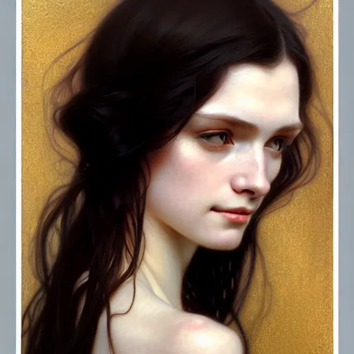 Image similar to Portrait of a beautiful, pale skin, female with long black hair, dark brown eyes, gentle smiling expression, elegant clothing, photorealistic, highly detailed, artstation, smooth, sharp focus, art by Klimt, artgerm, Greg Rutkowski and Alphonse Mucha