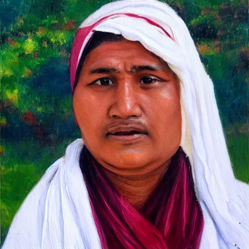 Image similar to a nepali wearing a white shawl, oil painting