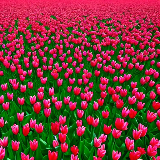 Image similar to A 4k photo of a field of tulips, blue skies, high contrast, early morning