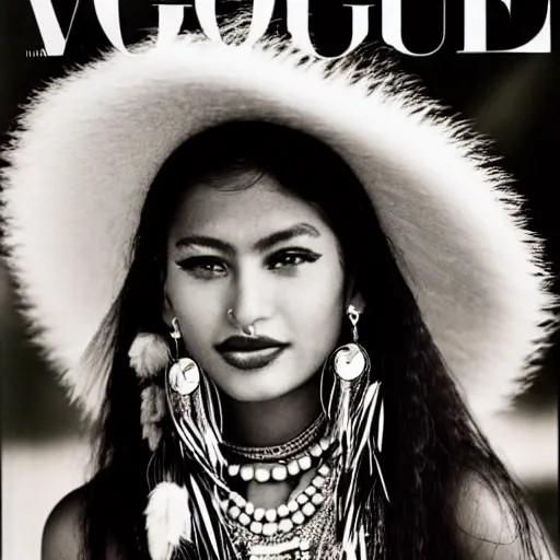 Image similar to a beautiful professional photograph by hamir sardar, herb ritts and ellen von unwerh for the cover of vogue magazine of a beautiful and unusually attractive native yanomami female fashion model looking at the camera in a flirtatious way, leica 5 0 mm f 1. 8 lens