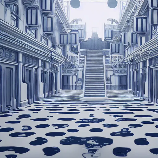 Image similar to a flood of slime in a bright white hallway with many doors and many stairs, Mc Escher architecture, epic composition, by Makoto Shinkai