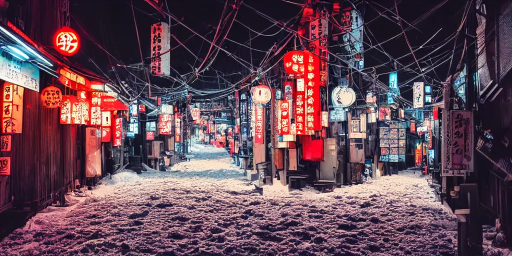 Image similar to a city street at night with a Japanese shrine on it, snowing, photograph, cyberpunk, sharp focus, intricate detail, drone shot, high resolution, 8k, neon streetlights, wires hanging down everywhere, Japan, colourful,,