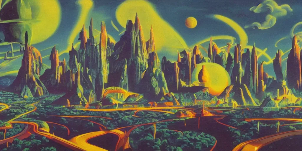 Prompt: An fantastic landscape from an adventure game theme of the wizards of science fiction 1950s future (oil paint on canvas, art deco era)