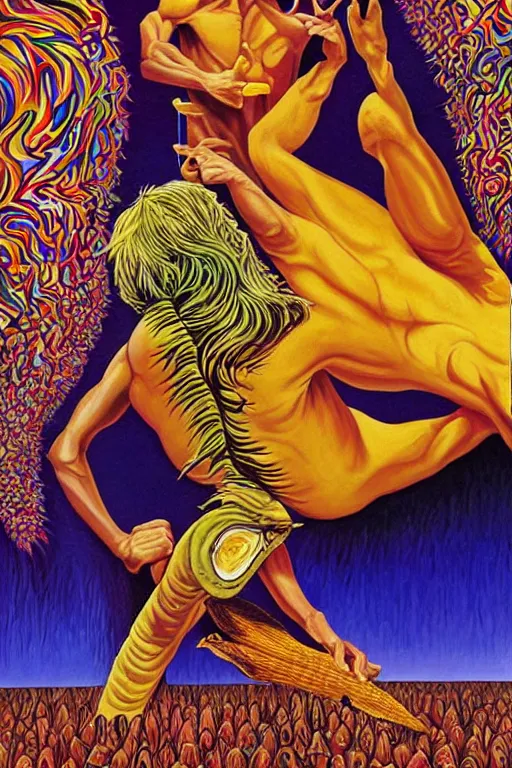 Image similar to alex grey painting depicting charles manson slipping on a banana peel