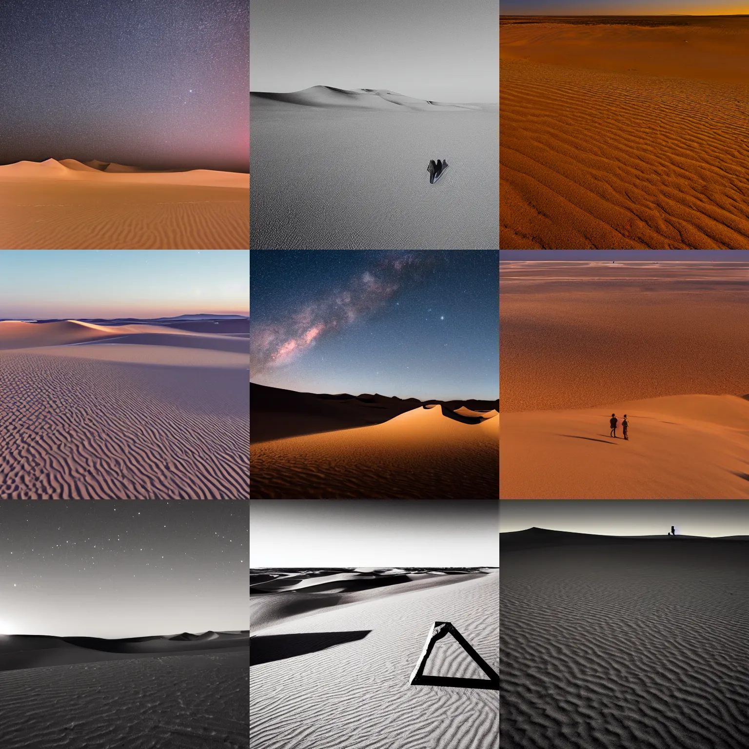 Prompt: photograph of the desert at night with creepy humanoid figures in the distance, dunes in foreground with elongated shadows, night photography, dslr, 4 k