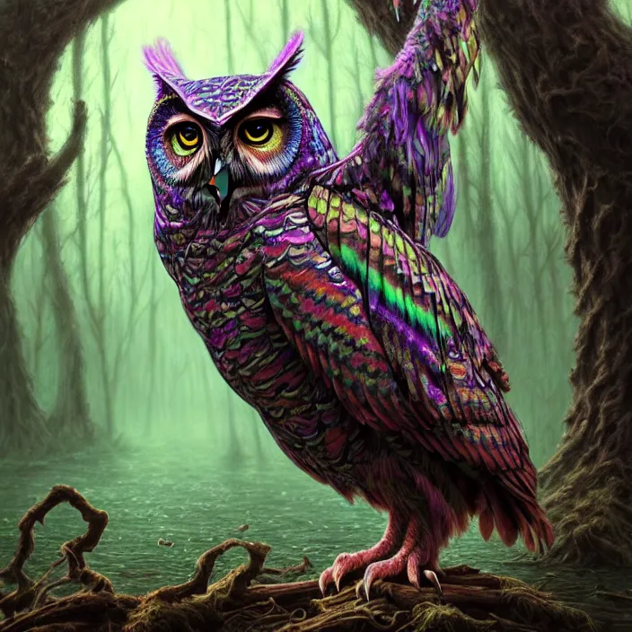 Prompt: psychedelic owl in haunted swamp, highly detailed, d & d, fantasy, highly detailed, digital painting, trending on artstation, concept art, sharp focus, illustration, oil on canvas, global illumination, ray tracing, realistic shaded, art by artgerm and greg rutkowski and fuji choko and viktoria gavrilenko and hoang lap