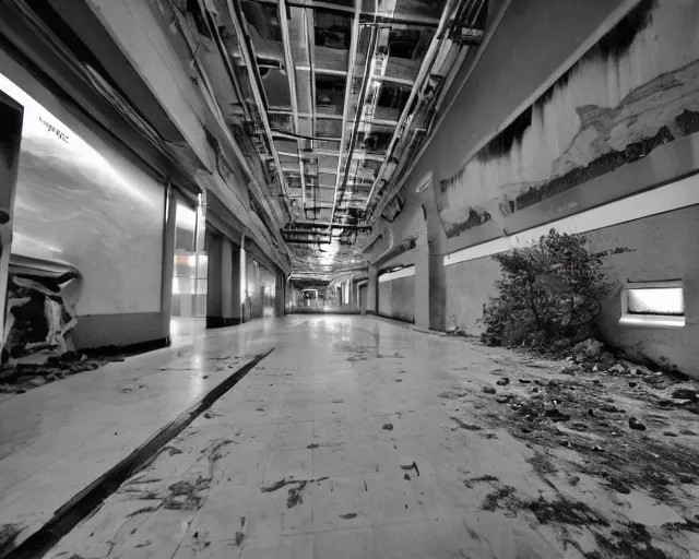 Prompt: camera footage of a Darpa Robot hunting people in an abandoned shopping mall, high exposure, dark, monochrome, camera, grainy, CCTV, security camera footage, timestamp, zoomed in, fish-eye lense, Robot, Drone, Intense, Darpa,