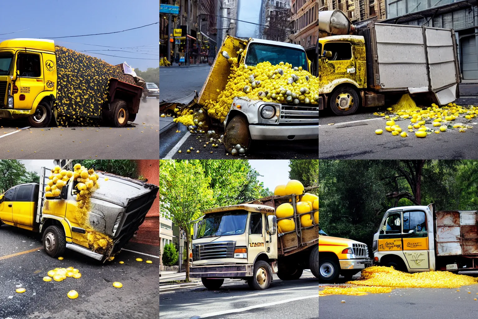 Prompt: a crashed truck with lemons, spilling lemons all over the street, outdoors