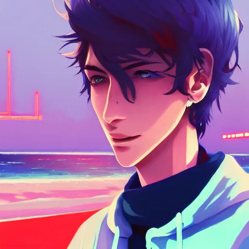 Image similar to ⁠portrait of Félix Lengyel(xqc), Santa Monica Pier background, rich vivid colors, ambient lighting, dynamic lighting, 4k, HQ, official media, anime key visual, makoto shinkai, ilya kuvshinov, lois van baarle, rossdraws, detailed, trending on artstation