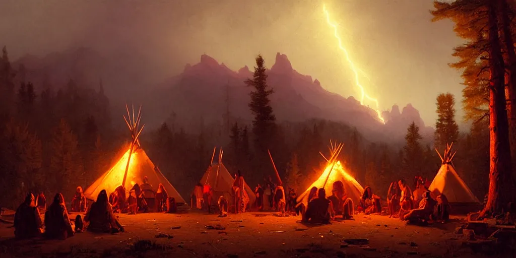 Prompt: some old native americans sitting together at a fire in front of some tipis, beatiful mountain background, cyberpunk, by albert bierstadt, by greg rutkowski, highly detailed, warm lightning, digital painting