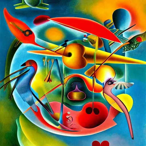 Prompt: a hd surrealism painting of tropical birds inside galactic hypercube sculptures by dali and kandinsky, ultra detailed, 8k