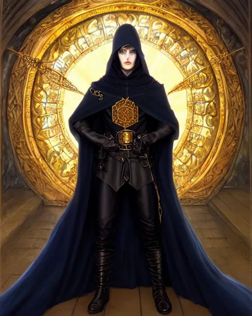 Prompt: handsome mage looking away, long black hair blue eyes wearing leather mantle gothic navy cloak with gold details, castle town, fantasy character portrait, ultra realistic, intricate, elegant, cinematic lighting, highly detailed, digital painting, artstation, smooth, sharp, focus, illustration, art by artgerm and greg rutkowski and alphonse mucha