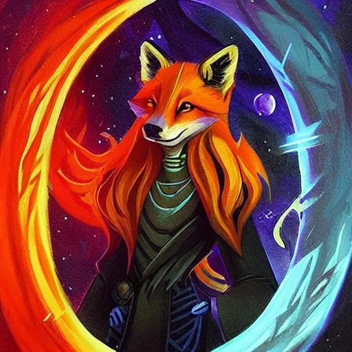 Image similar to a stylized painting for an avatar of an awesome cosmic powerful luxurious foxfolk mage themed around death and the cosmos, in the style of dnd beyond avatar portraits, beautiful, artistic, elegant, lens flare, magical, lens flare, nature, realism, stylized, art by jeff easley and genndy tartakovsky