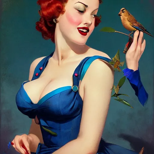 Image similar to pinup girl holding an indigo bunting, bird, the bird is wearing a crown and bowtie by greg rutkowski, rossdraws, gil elvgren, enoch bolles, anime, very coherent
