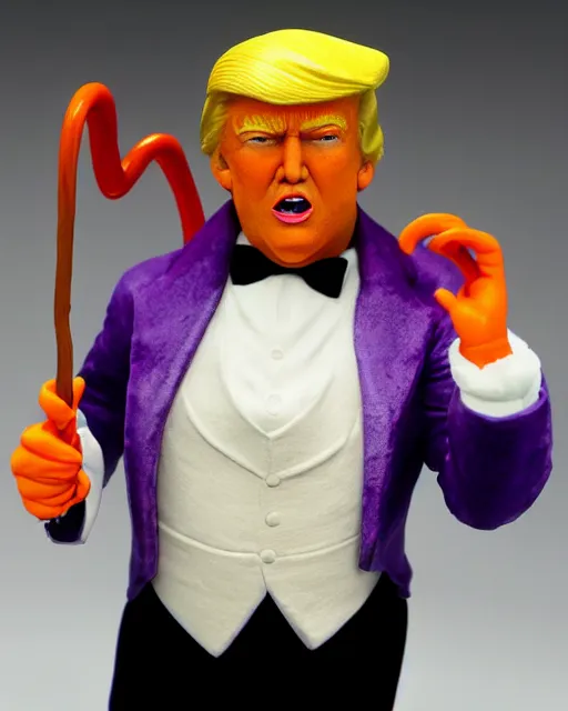 Prompt: wide angle full body photo of a maquette sculpture of donald trump as willy wonka, he is wearing a victorian era purple jacket and pants, and a velvet purple top hat over his long orange hair. he is holding a candy cane colored cane. his skin is an orange color like an oompa loompa. in the style of sideshow collectibles, highly detailed sculpture