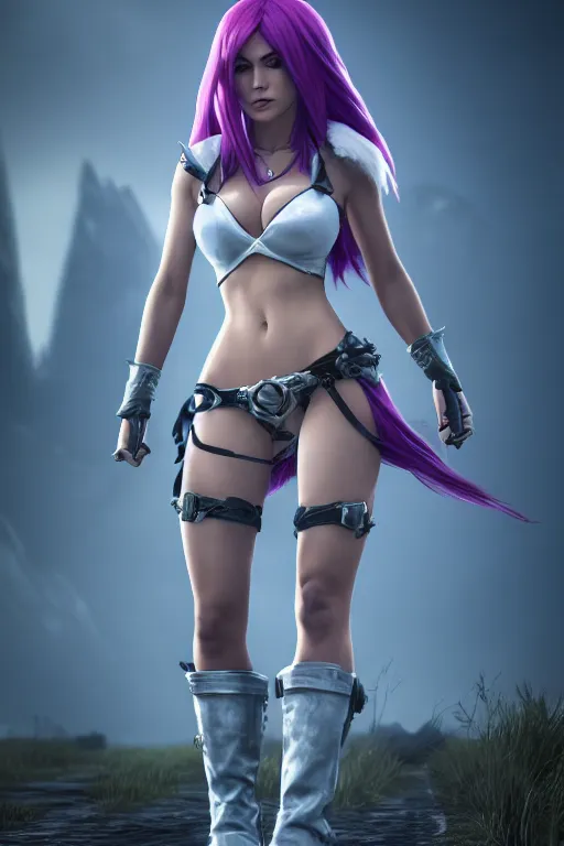 Image similar to Katarina from League of Legends, photorealistic full body, unreal engine 5, hyperrealistic, white ambient background, highly detailed, realistic