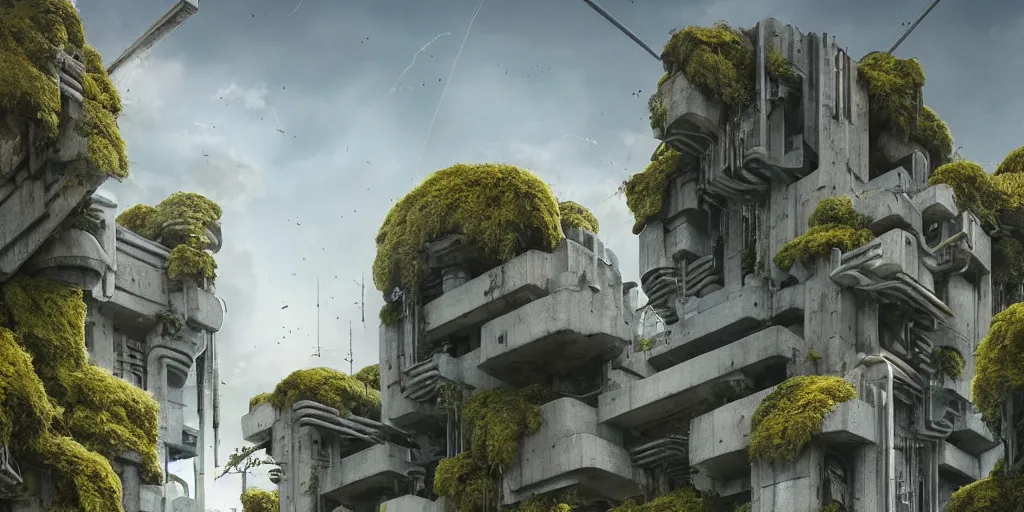 Image similar to concrete architecture with many metal antennas with moss and ivy growing all over the concrete, futuristic, late afternoon light, wispy clouds in a blue sky, by frank lloyd wright and greg rutkowski and ruan jia