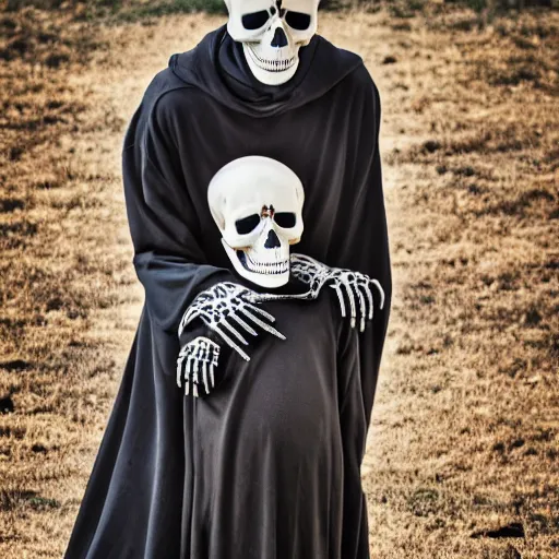 Image similar to portrait of grim reaper skeleton with his son, 8k, highly detailed, photography