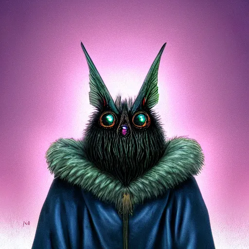 Image similar to portrait of a fluffy moth wanderer in a cloak in the style of Simon Stålenhag and H. R. Giger, detailed, trending on Artstation