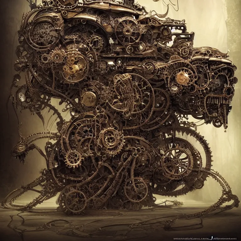 Image similar to biomechanical steampunk vehicle reminiscent of fast sportscar with robotic parts and (glowing) lights parked in ancient lush palace, gothic and baroque, brutalist architecture, ultradetailed, creepy ambiance, fog, artgerm, giger, Intricate by Ellen Jewett and Josan Gonzalez and Giuseppe Arcimboldo