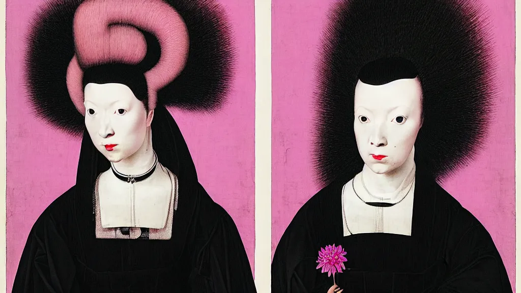 Image similar to symmetrical portrait of a woman with pink frizzy hair, wearing a embroidered black mask and a high collar black dress by balenciaga, standing in a botanical garden, bjork aesthetic, masterpiece, cyberpunk, in the style of rogier van der weyden and jacopo da pontormo, masterpiece, asian art