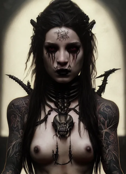 Prompt: ultra realistic, predator, female, fangs, goth, tattoos, leather, fantasy, flesh, bone, intricate details, eerie, highly detailed, octane render, 8 k, art by artgerm and alphonse mucha and greg rutkowski