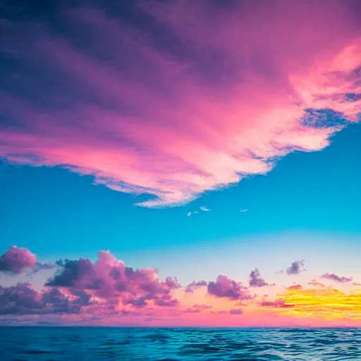 Prompt: Photo of the middle of the ocean, tiny islands made of sand and sandbars, a couple of palm trees, sunset, pink clouds, dreamy, enchanting, ultrarealistic