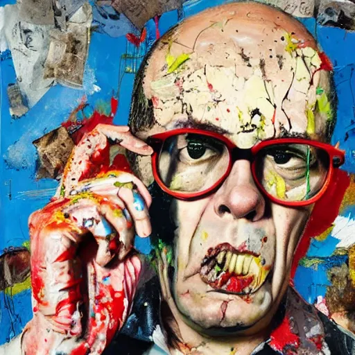 Prompt: hyperrealistic, photorealistic, mixed media oil painting of dr gonzo hunter s thompson, magazine scraps, plaster, blood, oil, mustard, cigarettes, splatter, trending on artstation, award - winning painting, greg rutkowski, basquiat, ralph steadman, terry gilliam