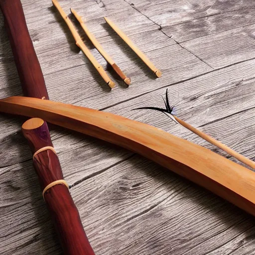 Prompt: photorealistic wooden longbow drawn with an arrow