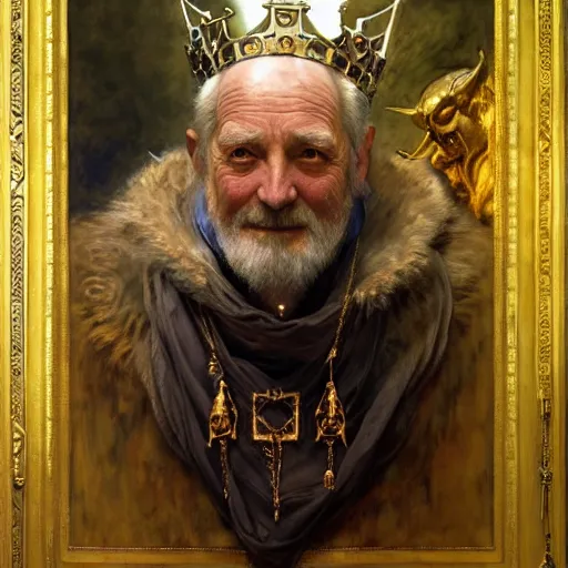 Prompt: highly detailed portrait of a majestic king queen in the form of an old man. d & d. art by donato giancola, eugene delacroix, ruan jia, carl larsson, peter mohrbacher. trending on artstation, intricate details, energetic composition, golden ratio, concept art, illustration, elegant art, global illuminaition