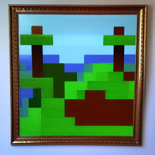 Prompt: a highly detailed painting of a minecraft landscape by derek riggs