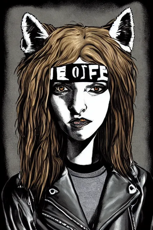 Image similar to portrait of a punk girl in a leather jacket wearing a wolf's head, artwork by boneface