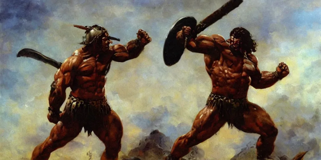 Prompt: an oil painting of a muscular barbarian warrior by frank frazetta