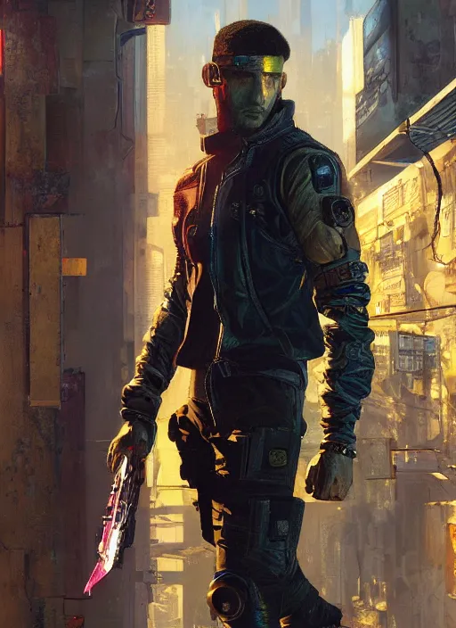 Image similar to Ezra. Cyberpunk mercenary in tactical gear scaling a security fence. rb6s, (Cyberpunk 2077), blade runner 2049, (matrix) Concept art by James Gurney, Craig Mullins and Alphonso Mucha. painting with Vivid color.