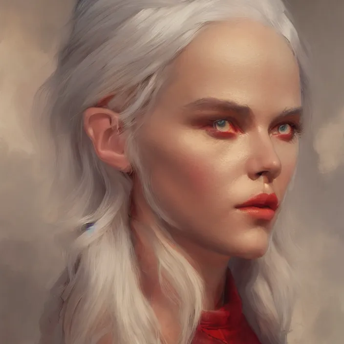 Prompt: a realistic detail portrait of a beautiful female angle has white hair in middle - earth, magic, dragon, oil painting by julian calle, wlop, greg rutkowski, finnian macmanus, syd mead trending on artstation, red and yellow scheme, 8 k, unreal engine, wide - angle lens