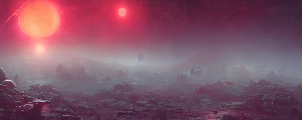 Image similar to ” outer planet with thick fog and alien artefacts, [ cinematic, detailed, epic, widescreen, opening, establishing, mattepainting, photorealistic, realistic textures, octane render, art by paul lehr ] ”