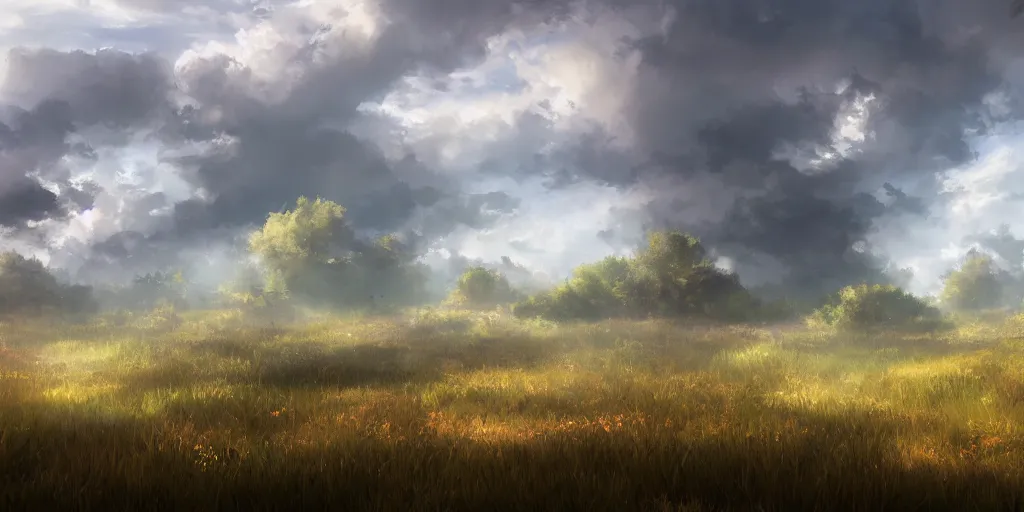 Image similar to utopian scenes, there are thick clouds, breath of the wilderness, broad, pleasant to feel the prairie, highly detailed, volumetric lighting, studio quality, artstation, by kyoto animation