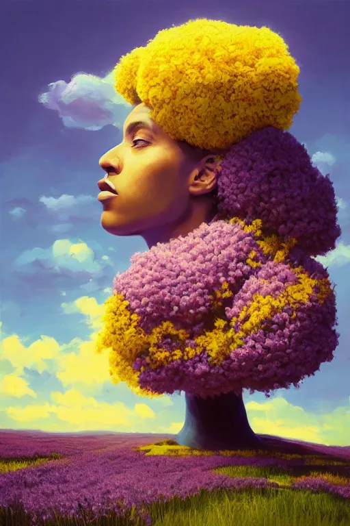 Image similar to portrait, giant lilac flower as head, black woman in heather field, surreal photography, golden hour, colorful clouds, impressionist painting, digital painting, artstation, simon stalenhag