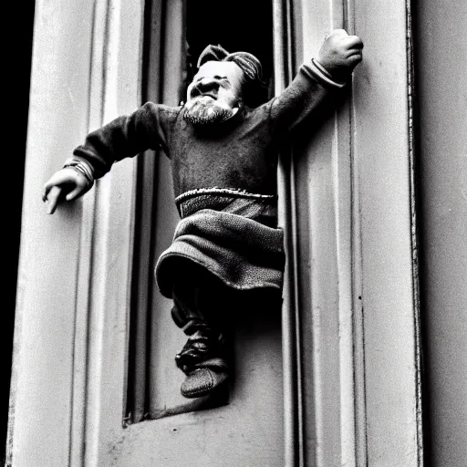 Prompt: close up portrait of dwarf jumping from window, photography realistic detailed, 5 0 mm lens,