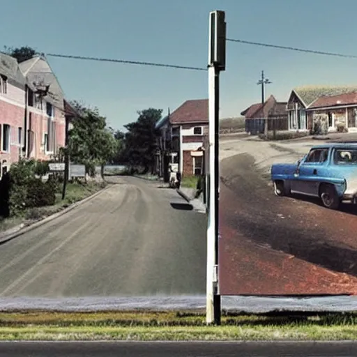 Prompt: a dystopian future image of a street in a rural town on a billboard in that same street in the present day. the picture on the billboard has the exact same viewpoint