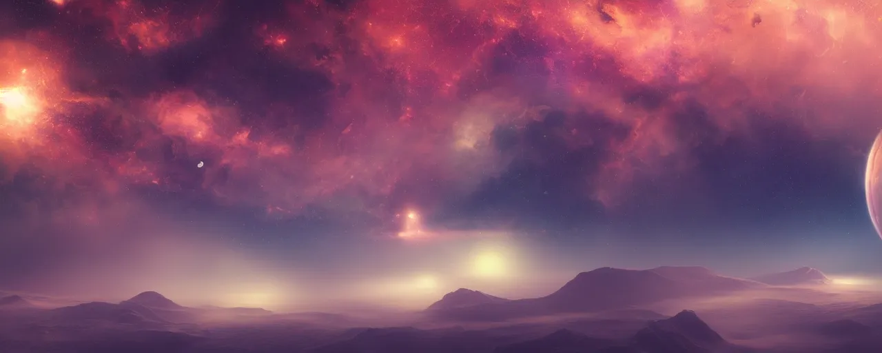 Image similar to warm smooth colours, cinematic render of atmospheric deep space, volumetric lighting, cathrin machin