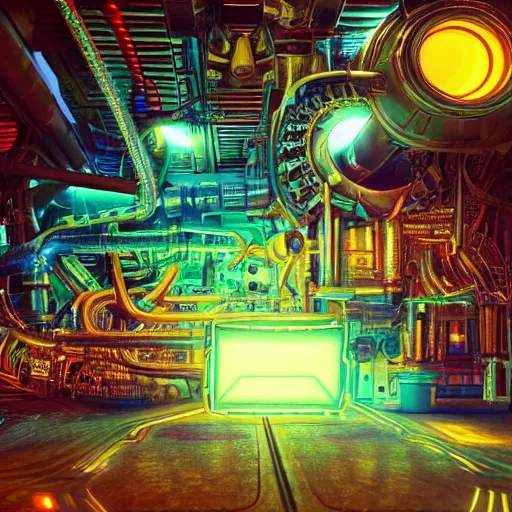 Image similar to album art, tripmachine, album is called tripmachine, photo of a huge futuristic dieselpunk generator inside a steampunk machinery, 8 k, fluorescent colors, halluzinogenic, multicolored, exaggerated detailed, front shot, 3 d render, octane