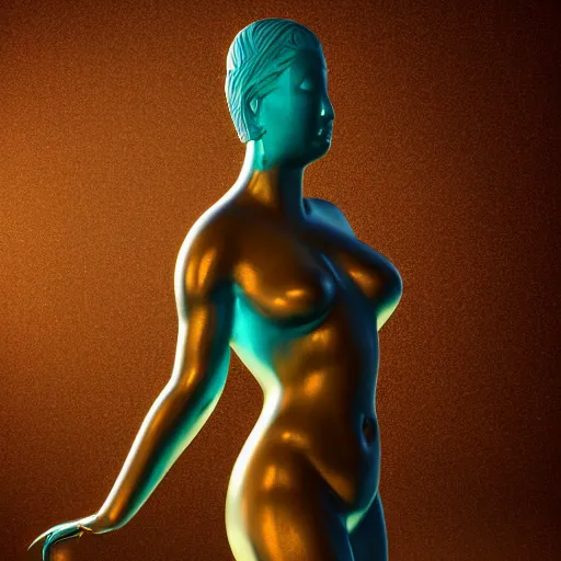 Image similar to romantistic portrait, painting, teal chinese abstract statue shattered standing in god rays, beautiful female body and golden glue dripping acrylic portrait, mechanical superstructure, sacred geometry, supermodel body, beautiful light, statue of carving marble, intricate 8 k render, dark mood, cinematic light, golden spirals, clockwork