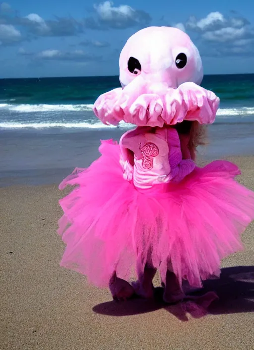 Image similar to chthulhu in a pink tutu on a beach