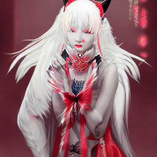 Image similar to albino kitsune maiko nekomimi, red and white neon, concept art, intricate details, highly professionally detailed, cgsociety, highly detailed -